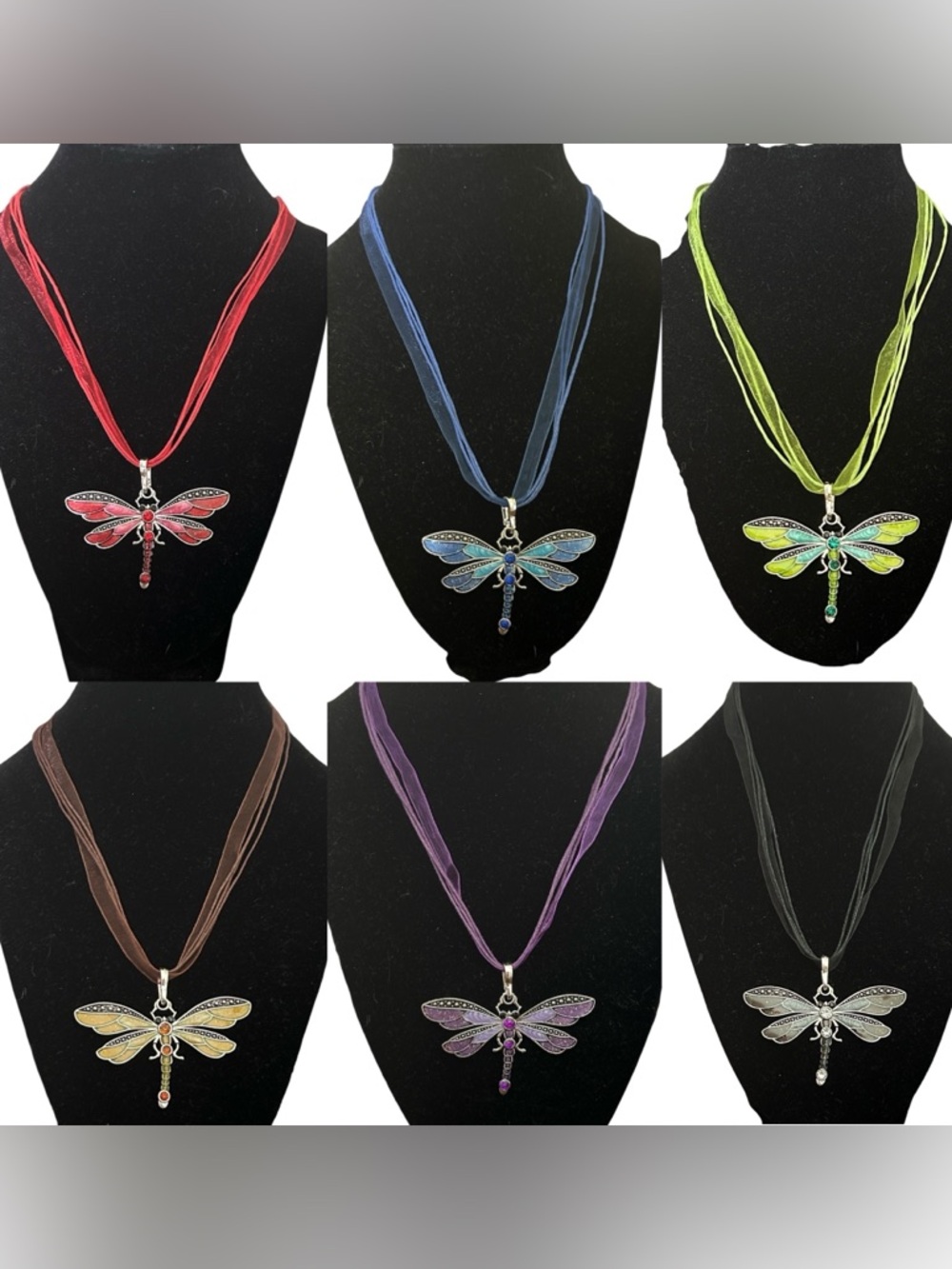 Colorful Enamel Dragonfly Pendant Matching Multi-layer Ribbon & Faux Leather New